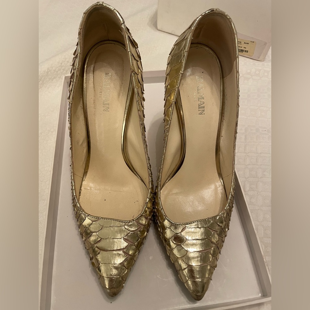 Balmain gold snake skin pumps